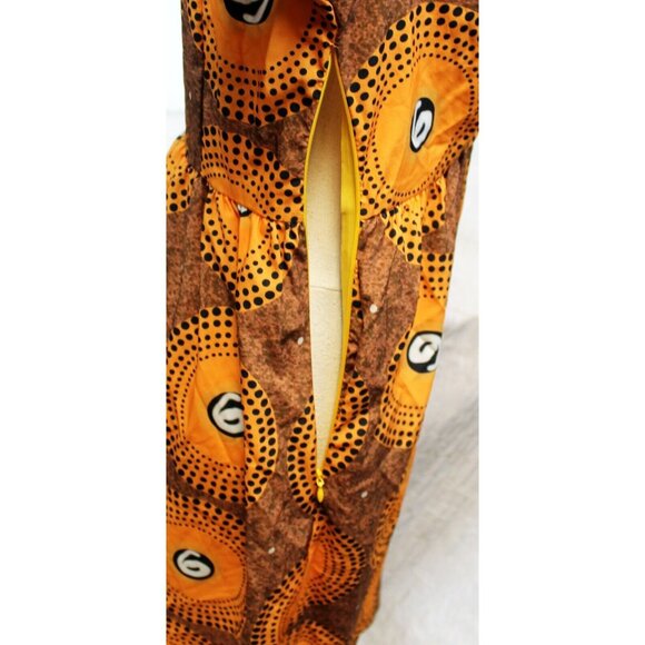 Retro Brown Orange V Neck Dress Long Sleeves Women L Dot Pattern 70s Mod Inspire - Picture 8 of 11